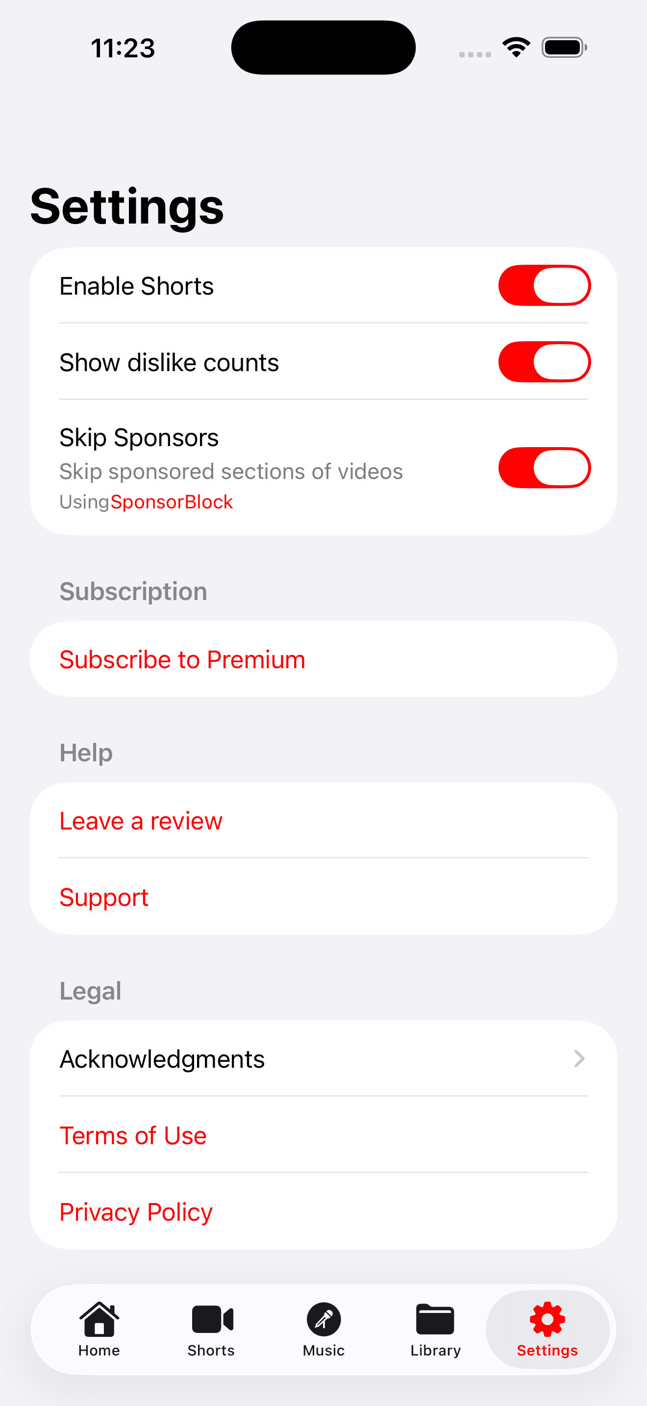 CleanWatch settings, including controls for Shorts, dislike counts, and sponsor skipping.